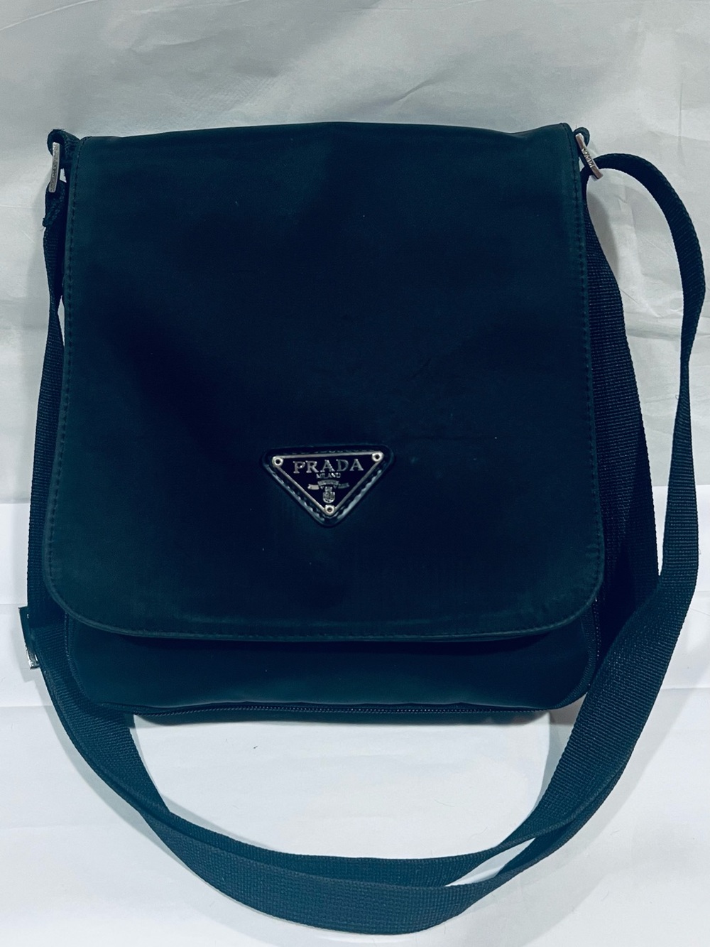 Prada Black Nylon Messenger Bag with Logo Plaque
